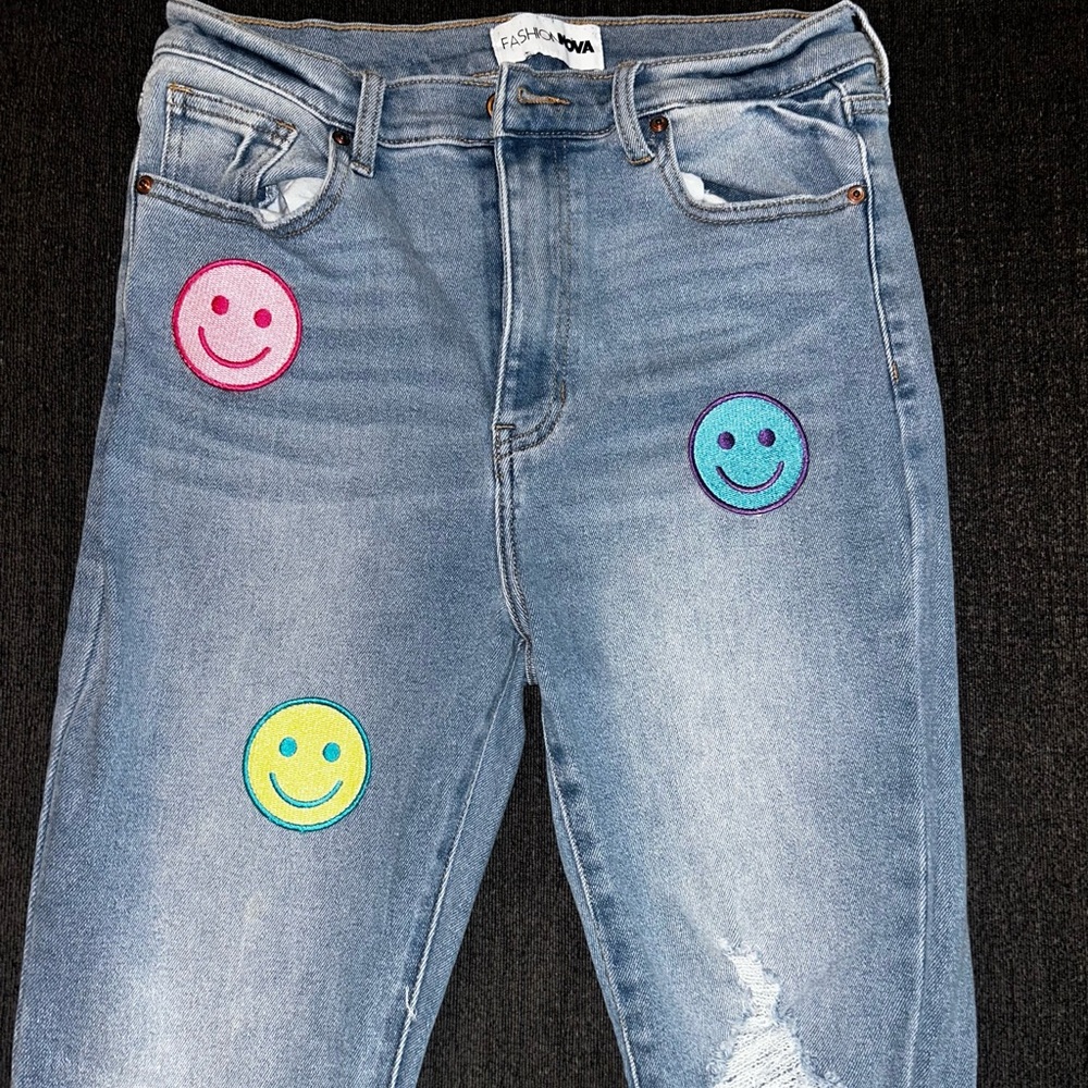 Fashion Nova Blue Straight Leg Jeans with Smiley Patches